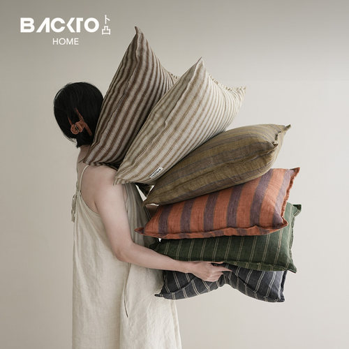 BACKTO卜凸100%亚麻中古抱枕简约条纹侘寂风高级感客厅沙发靠垫