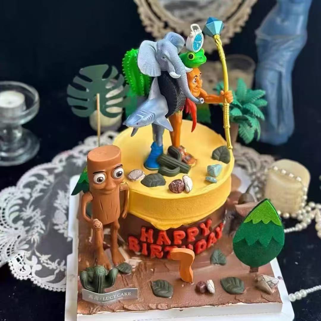 山海经木棍人蛋糕装饰摆件鲨鱼奶牛融合怪木头人异兽通通通家族