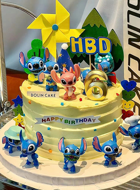星际宝贝史迪仔蛋糕装饰摆件儿童生日可爱蓝色长耳朵狗狗烘焙装扮