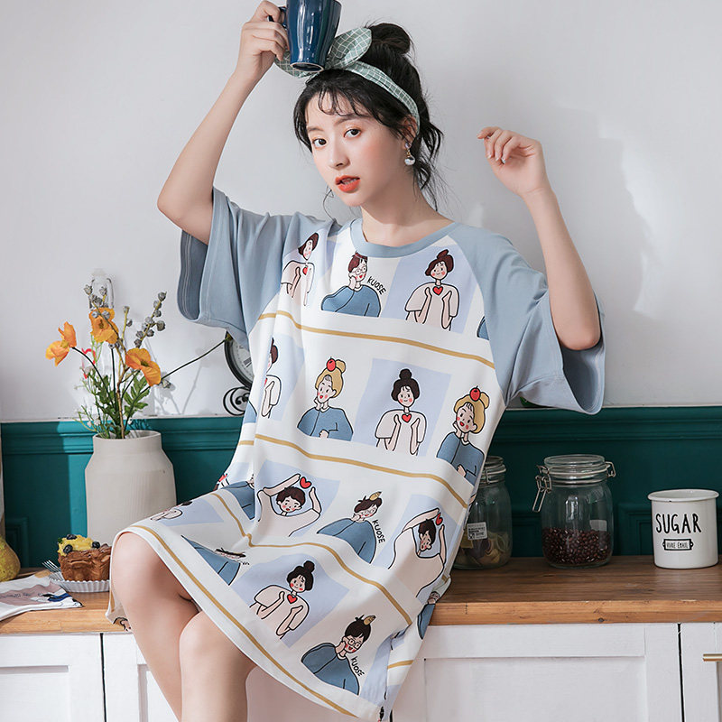 睡裙女纯棉夏天薄款短袖日系清新韩版可爱学生宽松夏季睡衣家居服