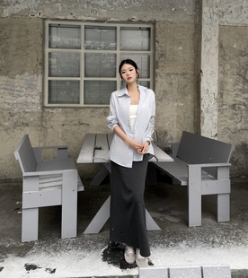 张涵涵韩系慵懒风蓝色长袖衬衫女中长款宽松休闲衬衣通勤气质上衣