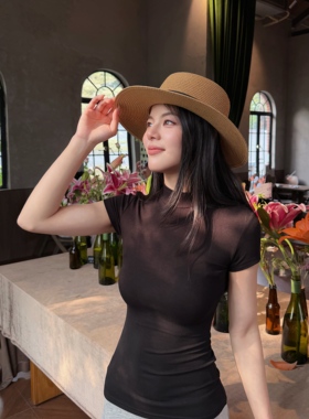 张涵涵老钱风黑色半高领短袖正肩T恤女纯欲风辣妹高弹力显瘦上衣