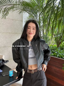 IN choose u笑笑家2023秋装设计感小众韩版显瘦夹克皮衣短外套女