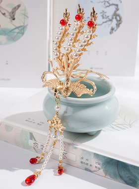 汉服发饰流苏珍珠凤冠仙气凤凰头冠丹凤头饰偏凤发钗唐风配饰凤簪