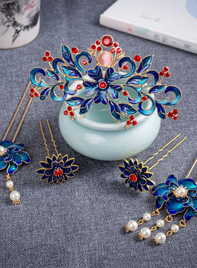 明制头饰套装景泰蓝步摇发簪烧蓝发冠女汉服发饰古风全套发钗配饰