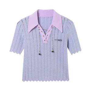 太系列剪标撞色翻领Polo衫女夏季设计感修身短款上衣XQ2112/山-5