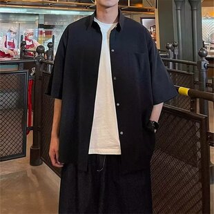 酷丝棉衬衫短袖男士夏季薄款宽松半袖男生黑色休闲短袖衬衣外套