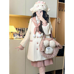 秋冬JK制服毛呢粉白绀白套装海军领上衣蝴蝶结小众设计百褶裙套装