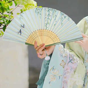 新款 汉服舞蹈扇 7寸古风扇子好开合仿真丝折扇头青扇骨中国风女式
