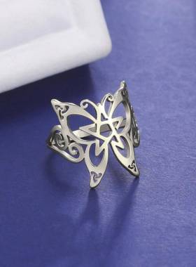 君桉跨境切割镂空五角星尖翅蝴蝶戒指潮流装饰开口304不锈钢戒指