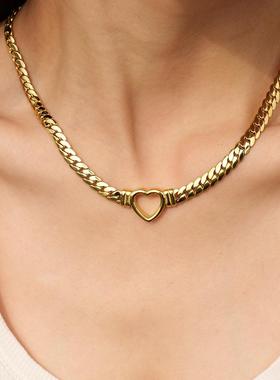 欧美网红个性嘻哈14K金扁平古巴链爱心项链饰品仿真大金链子