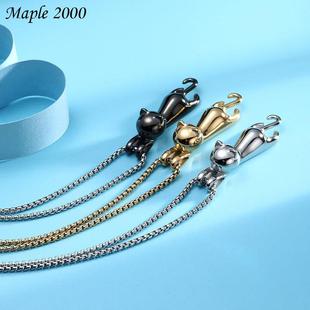 跨境吊坠项链女简约长款可爱猫咪项链吊坠钛钢项链趴趴猫情侣首饰