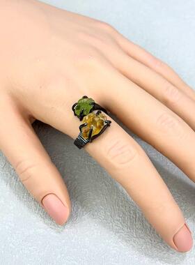 苔丝欧美潮流个性天然水晶原石橄榄石双头石榴石镶嵌款戒指