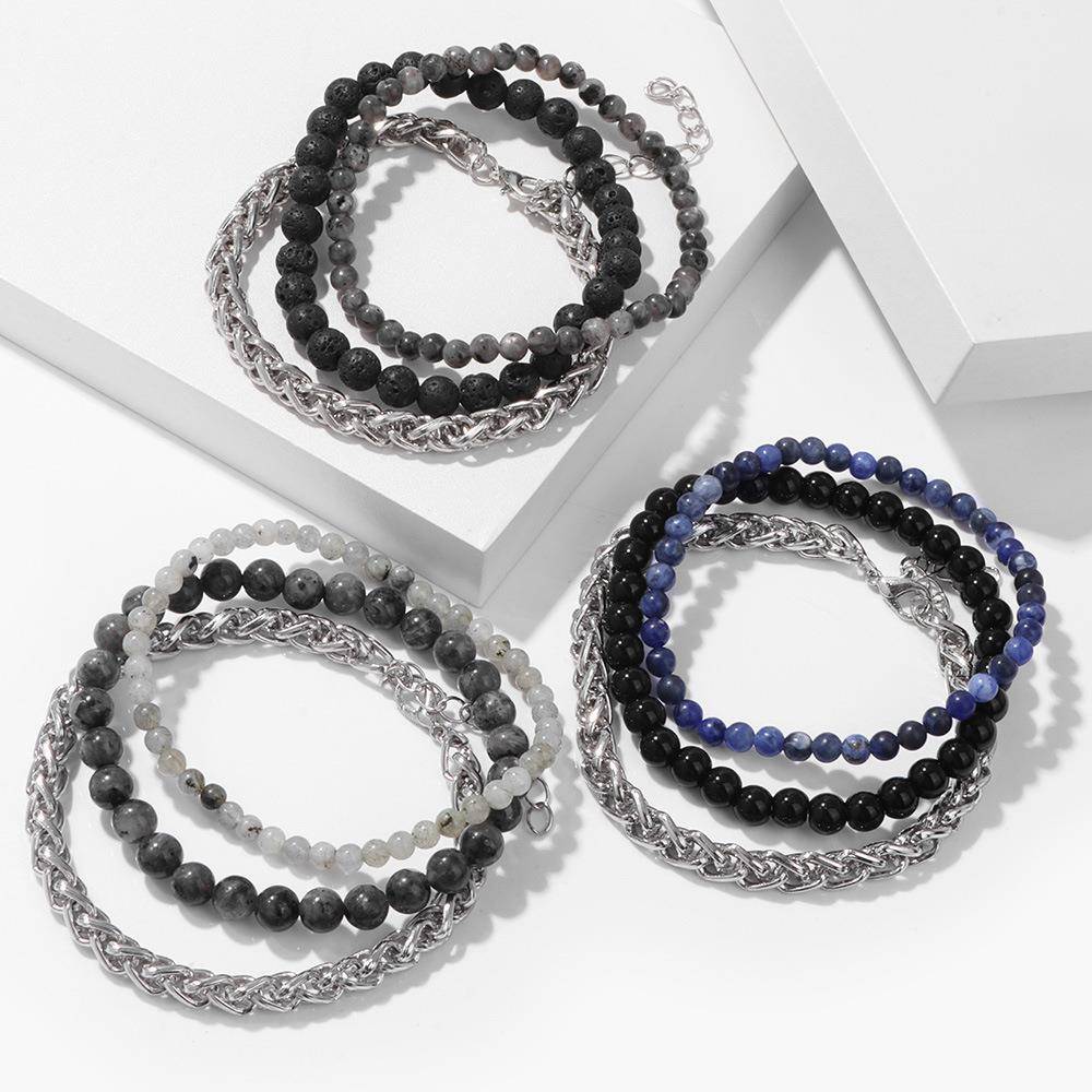 欧美跨境热销天然石头珠子套装手链男复古链条个性男女三件套手串