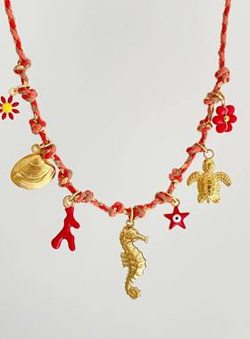 独立站个性DIY打结绳链大象莲花羽毛吊坠项链炉内真空电镀保色