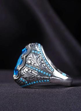 跨境欧美工匠镶钻合金戒指祖母蓝色锆石亚马逊海兰复古男戒指