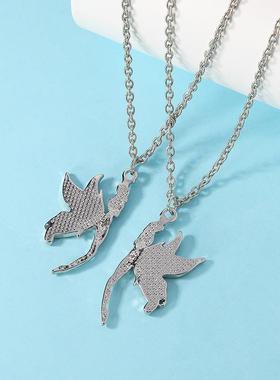 跨境热卖欧美饰品蝴蝶精灵两件套粉蓝彩色滴油蝴蝶项链小众设