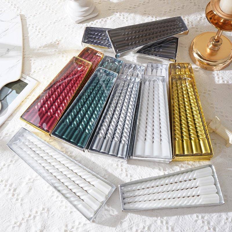 4支/盒欧式蜡烛金卡电镀螺旋螺纹蜡烛婚庆烛光晚餐高颜值长杆腊烛