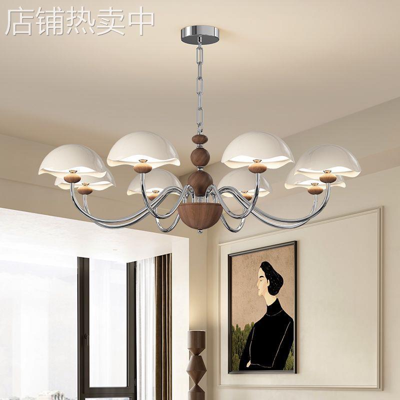 奶油中古风蛋壳吊灯美式复古客厅灯高级感胡桃木色餐厅卧室护眼灯