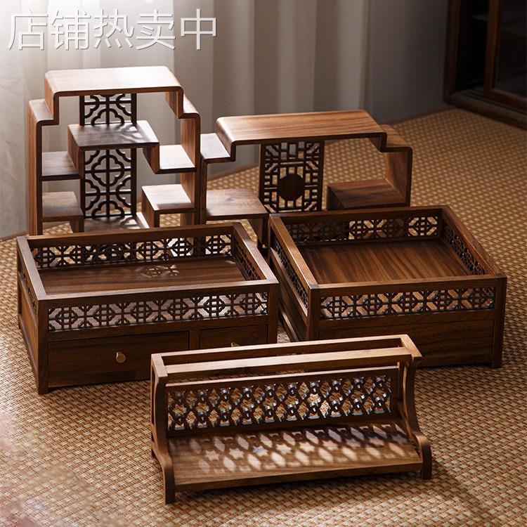 胡桃木置物架小型桌面茶杯博古架新中式茶室茶几收纳杯架展示架子