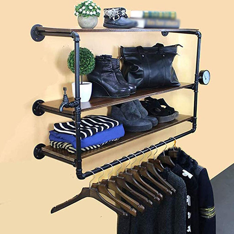 复古铁艺水管衣帽架挂杆服装店货架上墙侧挂衣架壁挂服装展示架