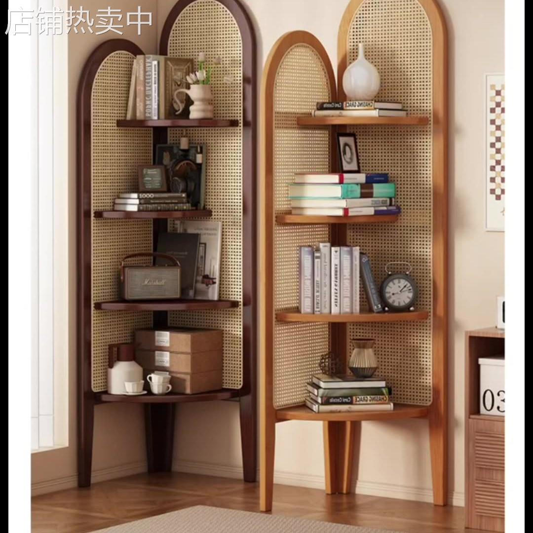 中古藤编屏风隔断客厅家用可移动实木置物架复古日式折叠遮挡书架