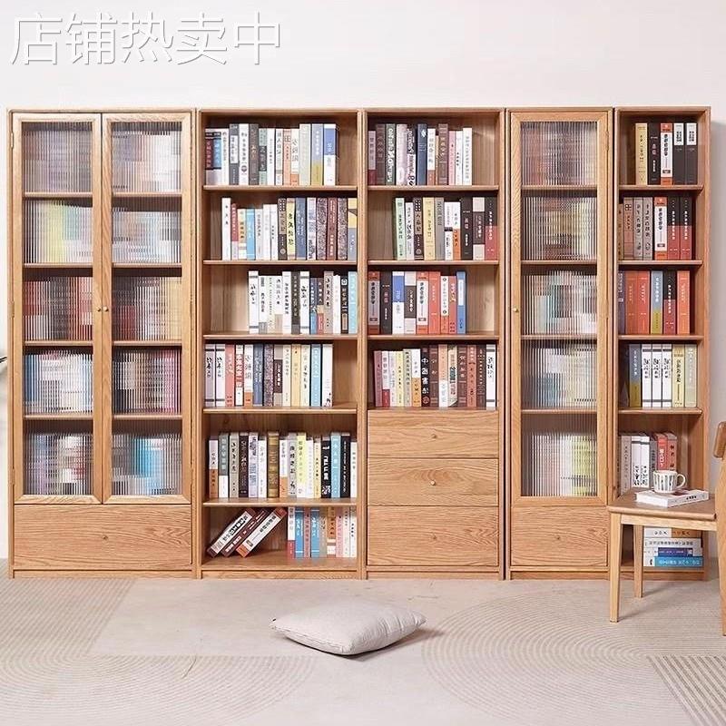 实木书柜书房家用落地书架新中式带玻璃门展示柜子
