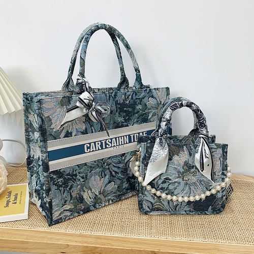 珍珠帆布包包女夏手提托特包