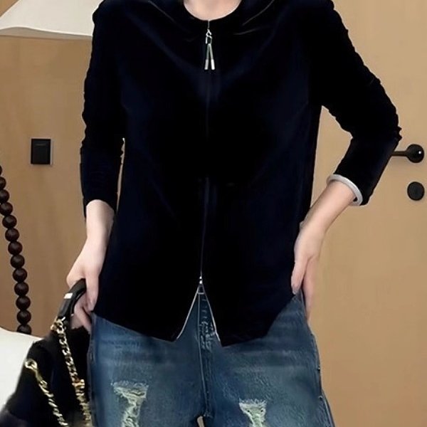 大码韩系圆领黑色丝绒开衫外套女秋季新款胖mm巨显瘦遮肉外穿上衣