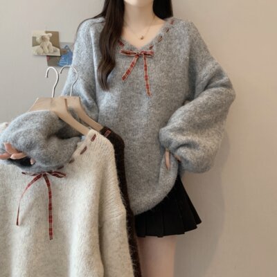 蝴蝶结系带V领正肩毛衣女2025早秋大码胖mm马海毛针织衫软糯上衣