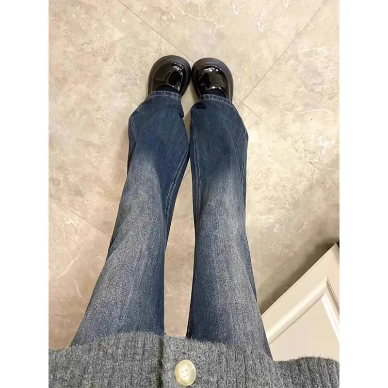 不贴腿加绒微喇牛仔裤女秋冬季大码胖mm高腰遮胯梨形身材阔腿长裤