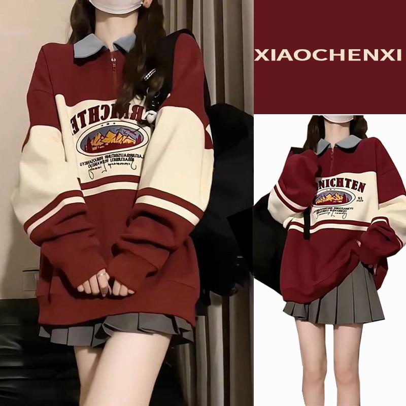 POLO领酒红色卫衣女秋冬新款加绒宽松慵懒撞色学院风美式复古上衣