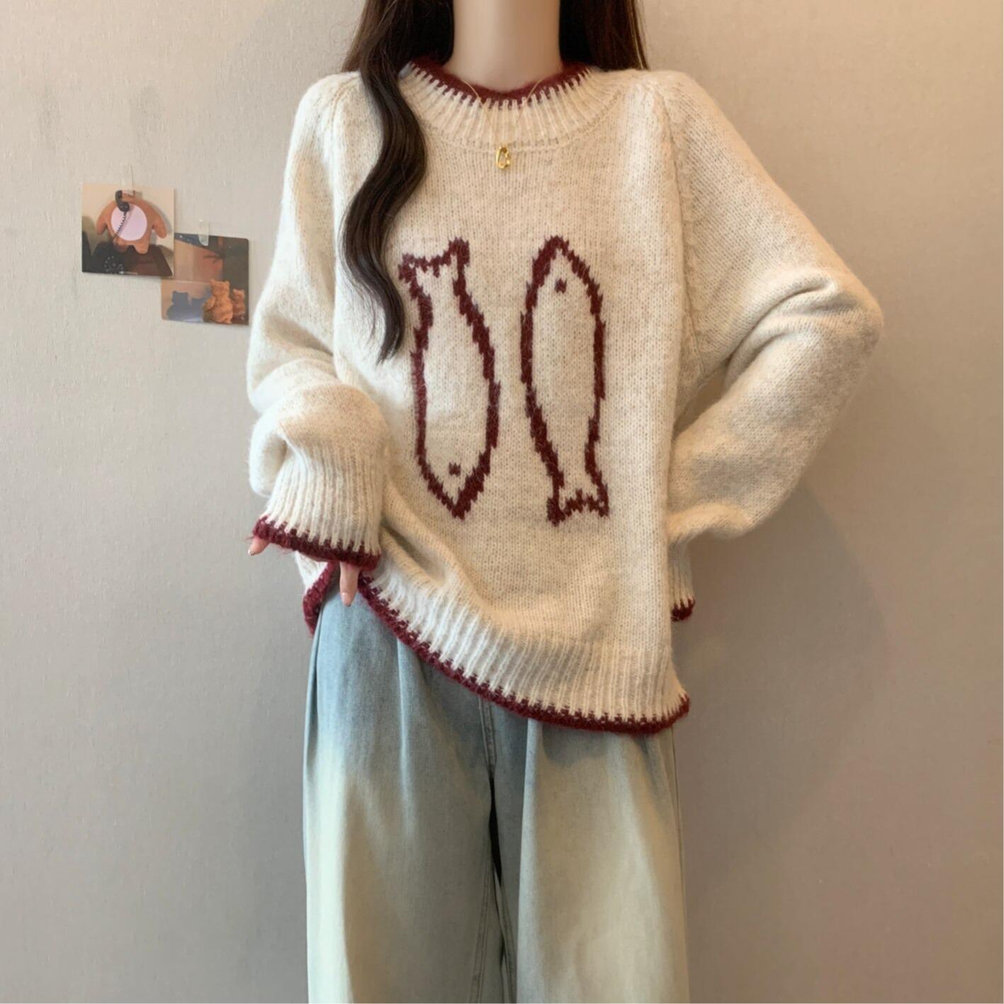 慵懒风小鱼针织衫毛衣女秋冬大码胖mm显瘦正肩宽松软糯打底衫上衣