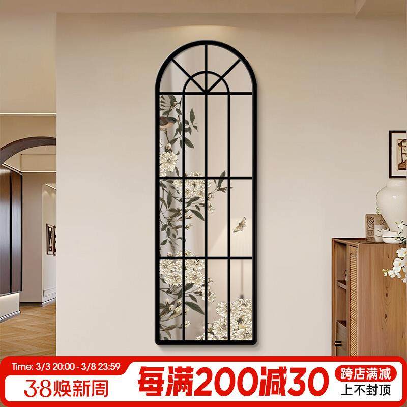 法式全身镜中古风玄关镜面装饰画新款客厅复古花鸟镜子挂画高级感