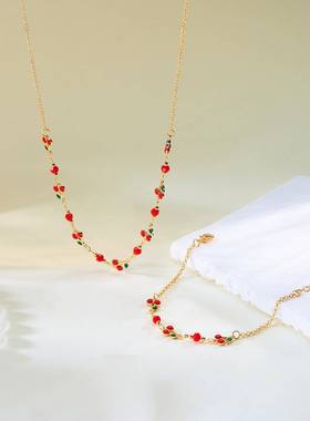 夏日网红可爱饰品女25年新款小众设计感樱桃水晶百搭项链手链套装