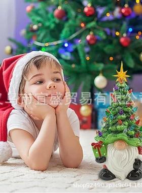 圣诞节跨境圣诞树矮人电池发光树脂侏儒圣诞树灯摆件可爱装饰品