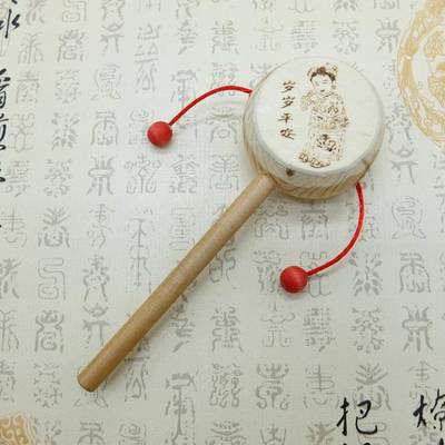 木制拨浪鼓小号木鼓木质儿童手摇鼓印花木质玩具