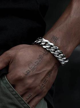 欧美跨境嘻哈不锈钢古巴手链弹簧扣圆磨加密钛钢男士手链饰品