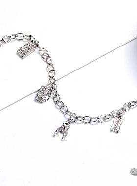 S925纯银流行款手链女欧美跨境气质个性环扣链条diy字母吊坠手链