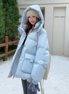 奶fufu蓝色羽绒服女小个子2025新款超好看学生90白鸭绒面包服外套
