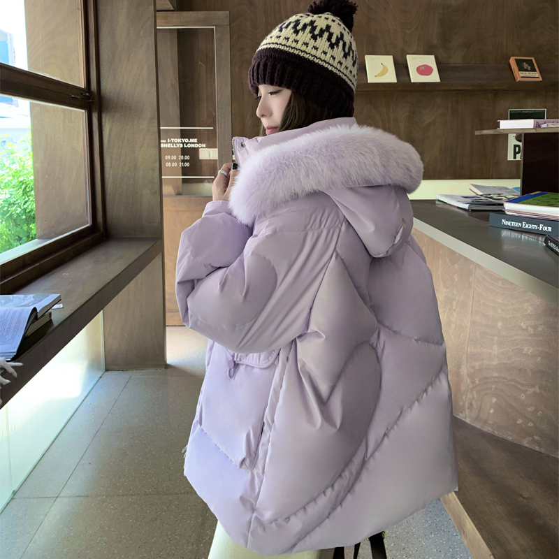 高级感紫色羽绒服女小个子短款2025冬季新款大毛领宽松面包服外套
