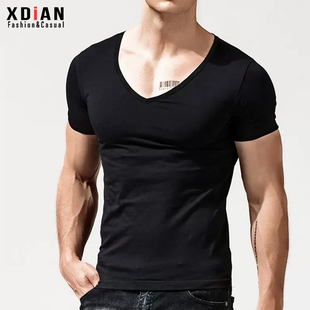短袖 夏季 t恤大V领纯棉紧身修身 男深v上衣半袖 潮流 低领打底衫 男士