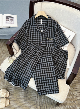【黑白棋盘格男士翻领睡衣三件套】弹力舒服绵+质感刺82322