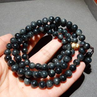 新疆和田玉于田聚墨青花带猫眼8mm圆珠项链 带证书 多圈手串