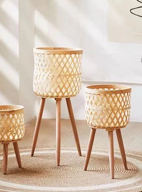 北欧竹编花盆花架客厅植物花篮装饰龟背竹阳台摆件网红落地架