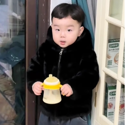 冬季新款儿童皮草外套仿皮加绒加厚水貂保暖棉衣连帽男童毛毛大衣
