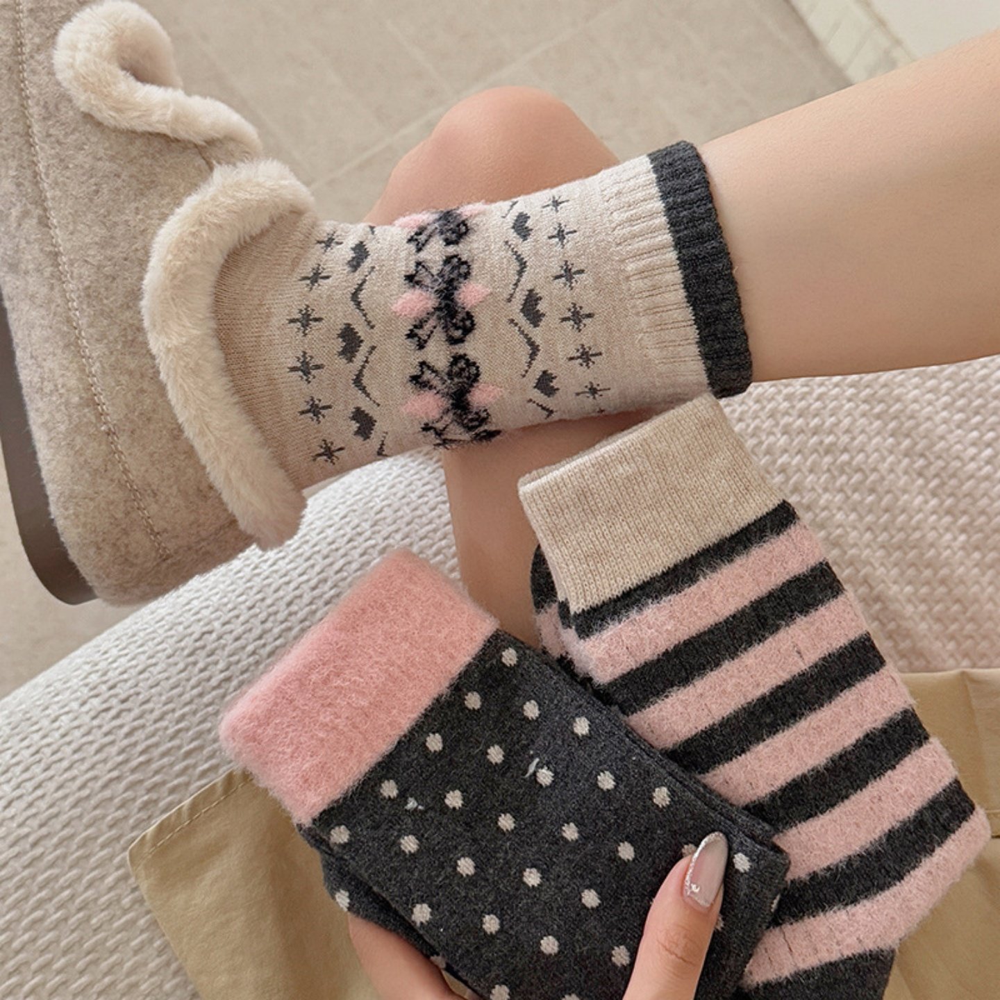 韩系灰粉费尔岛羊毛保暖堆堆长袜