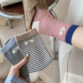 韩妹穿搭bi备 巨巨巨韩 egg布标袜袜 条纹袜子女ins中筒堆堆袜棉