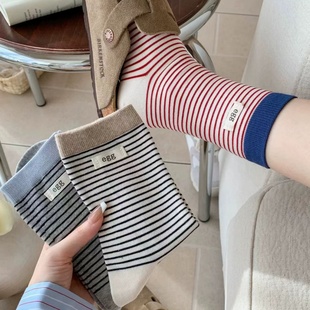 条纹袜子女ins中筒堆堆袜棉 韩妹穿搭bi备 巨巨巨韩 egg布标袜袜