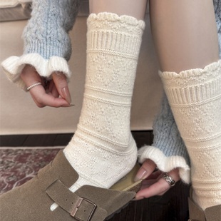 奶白花边羊毛袜子女秋冬加厚保暖中筒袜日系复古堆堆袜配短靴长袜
